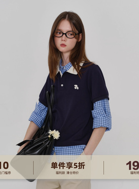 yawhat假两件miu系穿搭长袖拼色格纹衬衫polo领时髦知识分子上衣