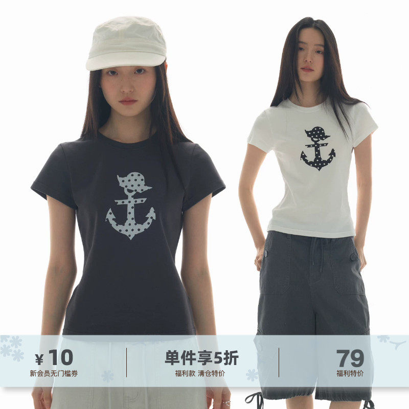 yawhat原创小众设计感船锚波点印花圆领短袖合身T恤航海风上衣女