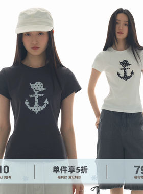 原创小众设计感船锚波点印花T恤