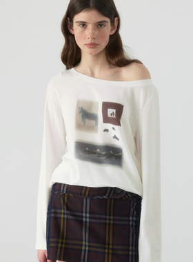 yawhat“雪山下的它们”插画师小马印花天丝斜肩白色薄长袖T恤女