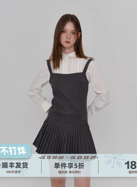 yawhat灰色竖条纹学院风吊带连衣裙女秋季百褶裙叠穿文艺方领裙子