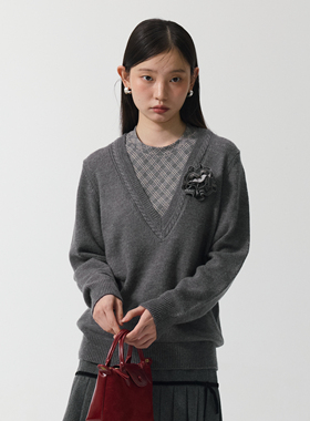 yawhat灰色格纹拼接假两件针织衫女含羊毛显瘦百搭V领毛衣上衣女