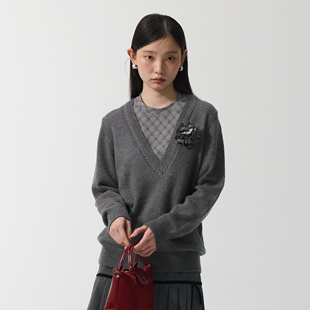 yawhat灰色格纹拼接假两件针织衫女含羊毛显瘦百搭V领毛衣上衣女