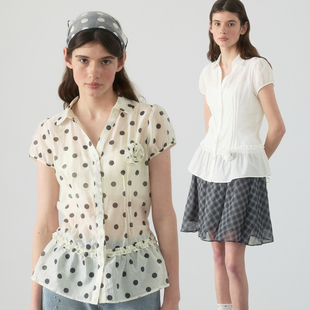 绑带木耳边时髦短袖 衬衫 上衣配胸花 微透泡泡袖 yawhat天丝薄款