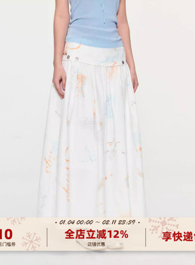 yawhat白色原创设计涂鸦印花半身裙天丝棉感大裙摆A字春夏长裙