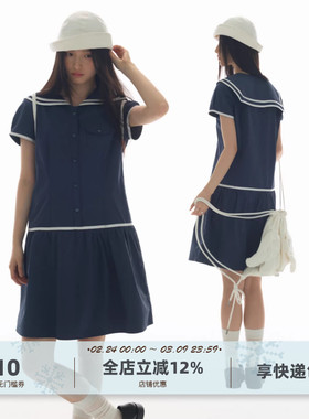 yawhat藏青色学院风海军领短袖连衣裙miu系复古航海少女风衬衫裙