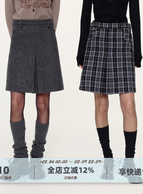 yawhat双色格纹羊毛混纺呢子百搭半裙秋冬保暖高腰显瘦A字裙通勤