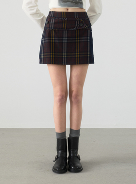 yawhat藏青红撞色格纹灯芯绒半身裙女可拆卸腰带A字短裙防走光