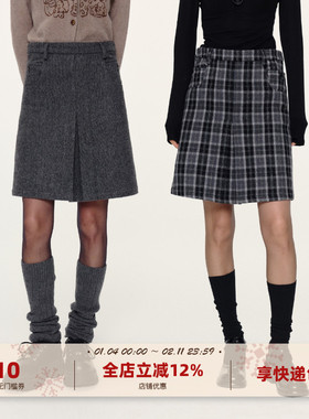 yawhat双色格纹羊毛混纺呢子百搭半裙秋冬保暖高腰显瘦A字裙通勤