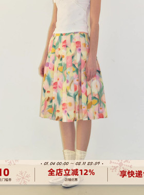 yawhat全棉印花大花百褶半身裙碎花A字裙度夏季假风花卉中长裙