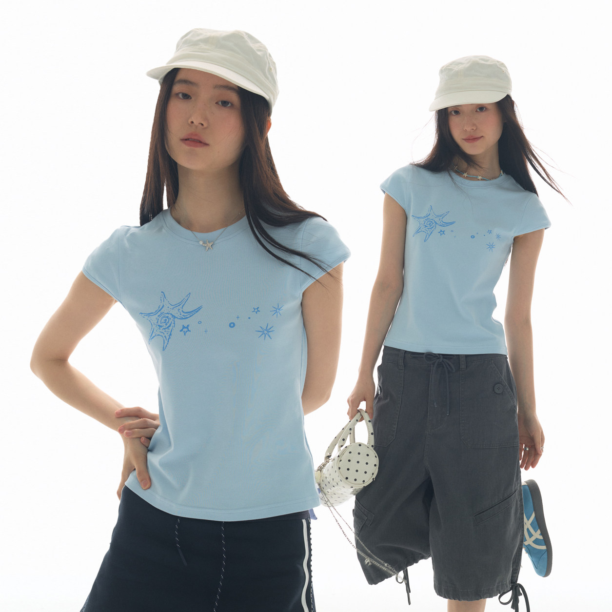 yawhat浅蓝色海螺贝壳印花小飞袖短袖T恤女圆领休闲合身弹性上衣