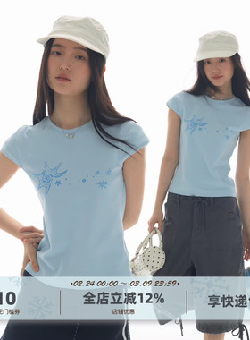 yawhat浅蓝色海螺贝壳印花小飞袖短袖T恤女圆领休闲合身弹性上衣