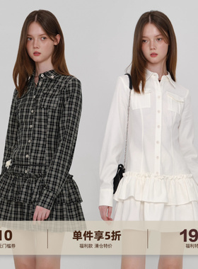 yawhat休闲学院风白色天丝长袖格纹polo衬衫连衣裙收腰显瘦短裙