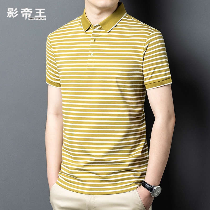 2025新款条纹短袖t恤男中青年夏季薄款棉宽松桑蚕丝Polo衫体恤