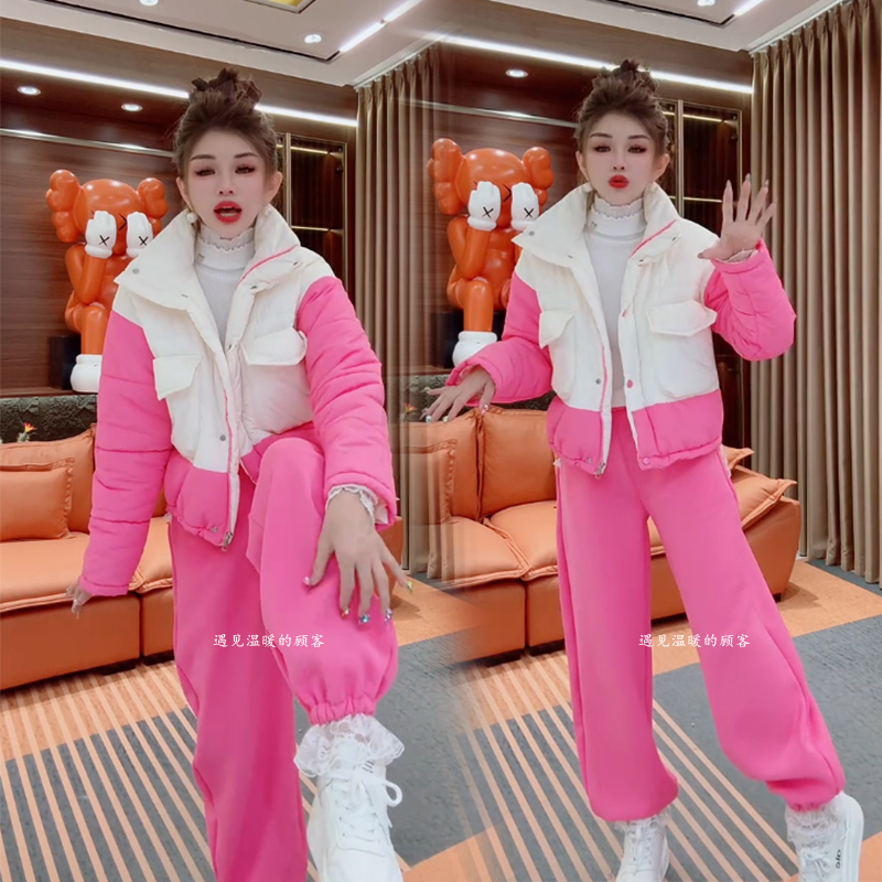 时尚套装女2025冬季新款韩版洋气加厚棉衣外套加绒休闲裤两件套潮