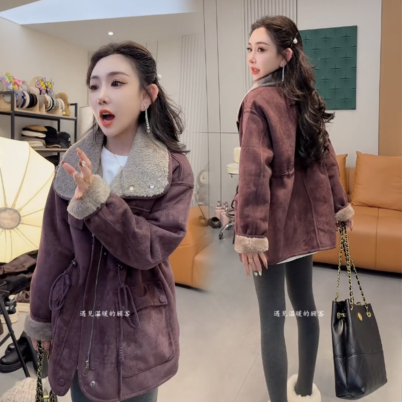 两面穿加绒皮毛一体麂皮绒外套