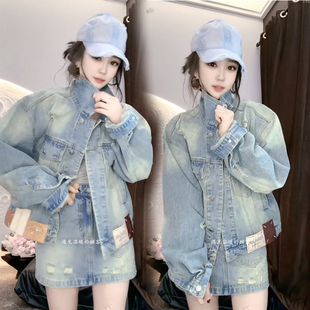 牛仔套装女2026春季新款欧货时尚水洗做旧宽松短款外套短裙两件套