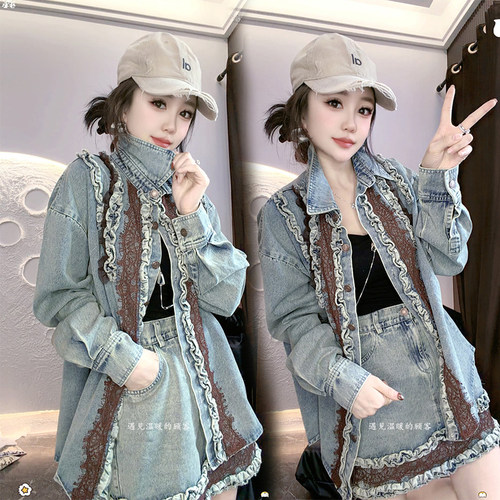 牛仔套装女2026春秋季新款欧货木耳边蕾丝做旧外套短裙洋气两件套
