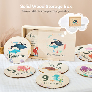木质婴儿里程碑月份纪念卡周年纪念碑海洋动物宝宝拍照道具圆木