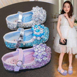 女童水晶鞋2025新款儿童艾莎公主鞋配礼服春秋款女宝软底紫色春款