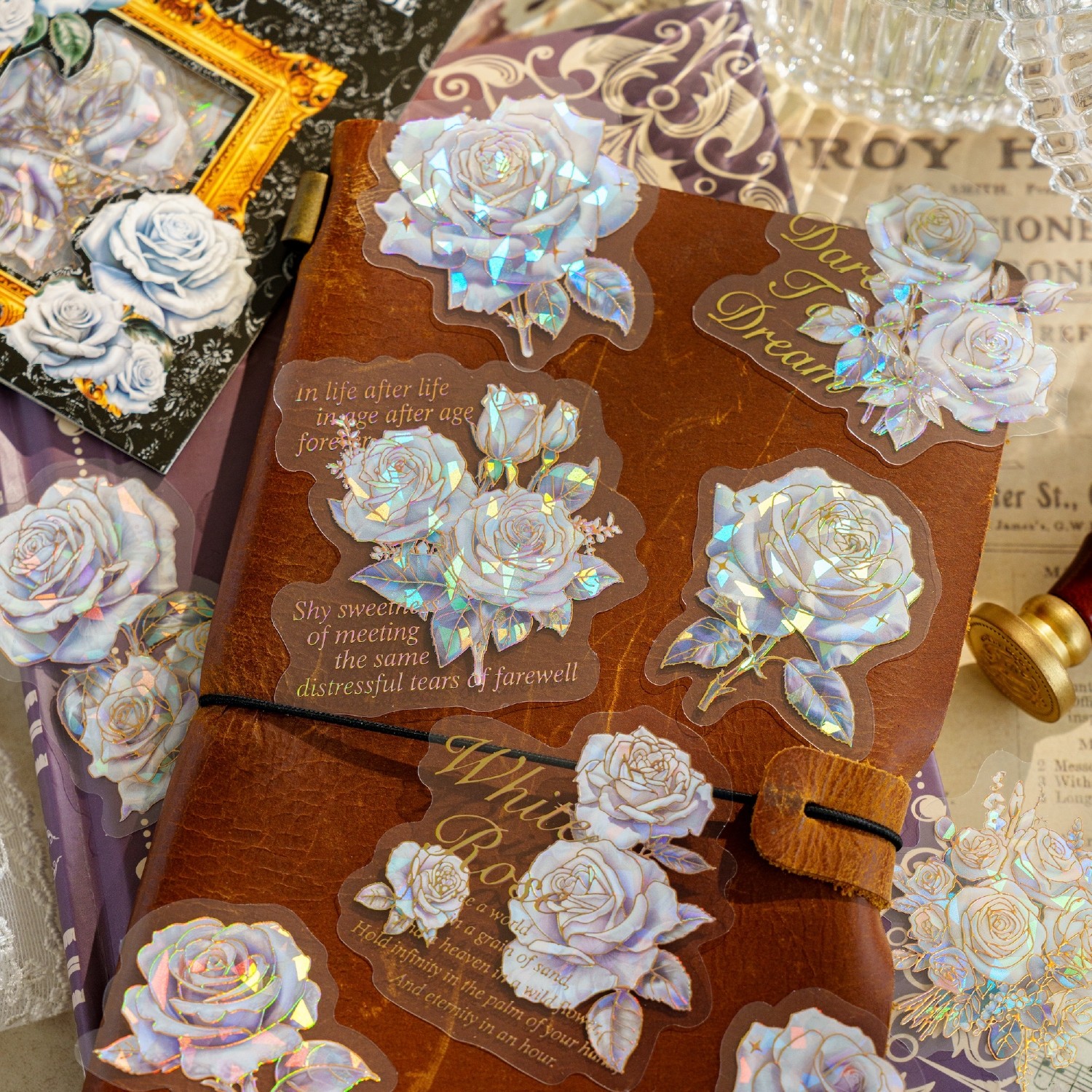 PET立体镭射烫金英文玫瑰花贴纸手账diy装饰素材清新花朵拼贴手帐,文具电教/文化用品/商务用品,贴纸/立体贴纸,淘宝优惠券,粉丝福利购,淘宝优惠卷