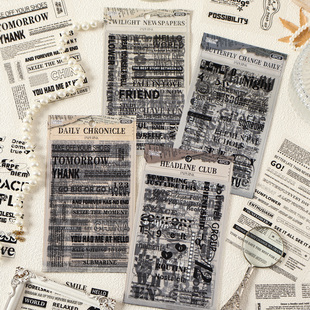 饰贴画PET 旧闻录复古黑白英文报纸素材贴纸ins风手账日记本造景装