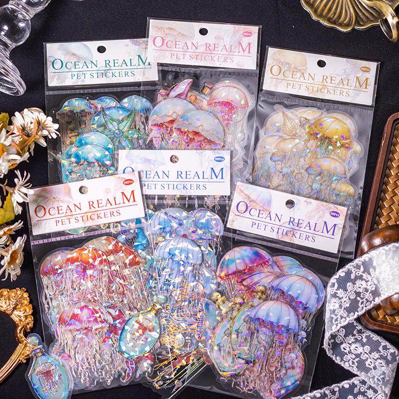 海洋之境系列PET镭射贝壳光海底世界素材水母贴纸手账DIY装饰贴