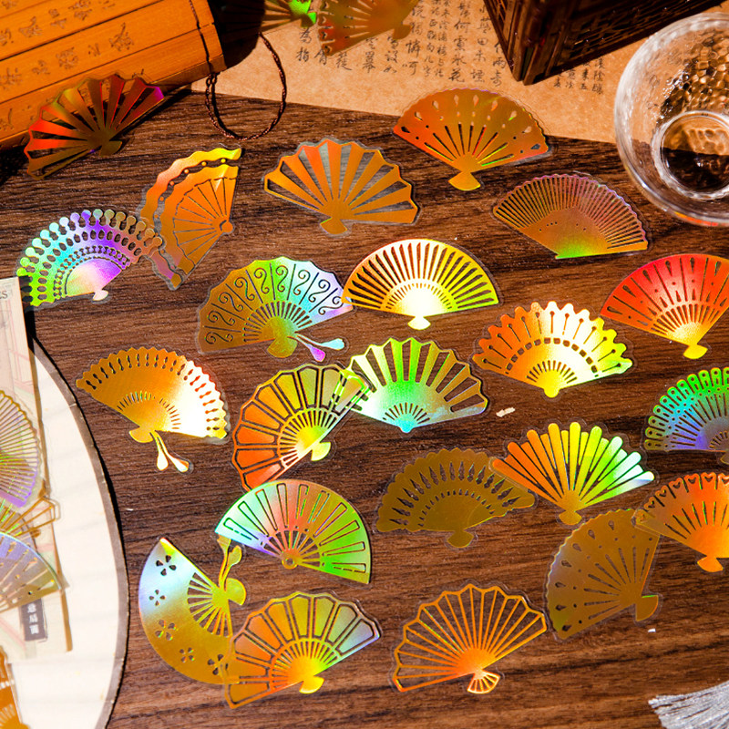 诗中岁月古典国风门窗扇子文艺烫金PET贴纸diy咕卡手帐拼贴素材