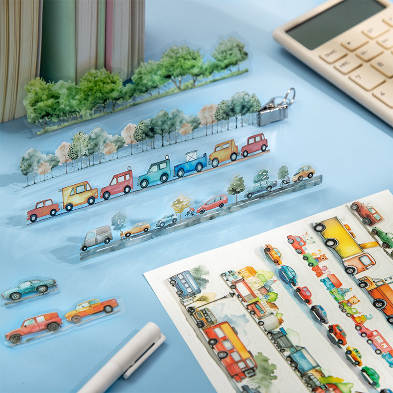 可爱奇妙录pet长条贴纸造景手账diy装饰可爱星球汽车素材贴画装
