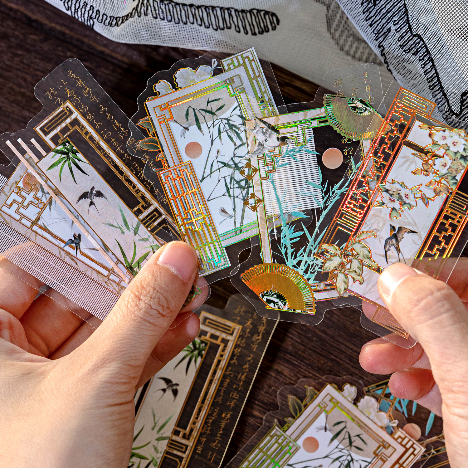 国风新中式门窗烫金贴纸手账diy