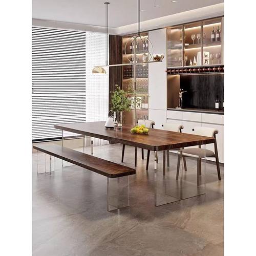 南美胡桃木亚克力悬浮餐桌简约现代家用实木长方形工作台书桌板桌