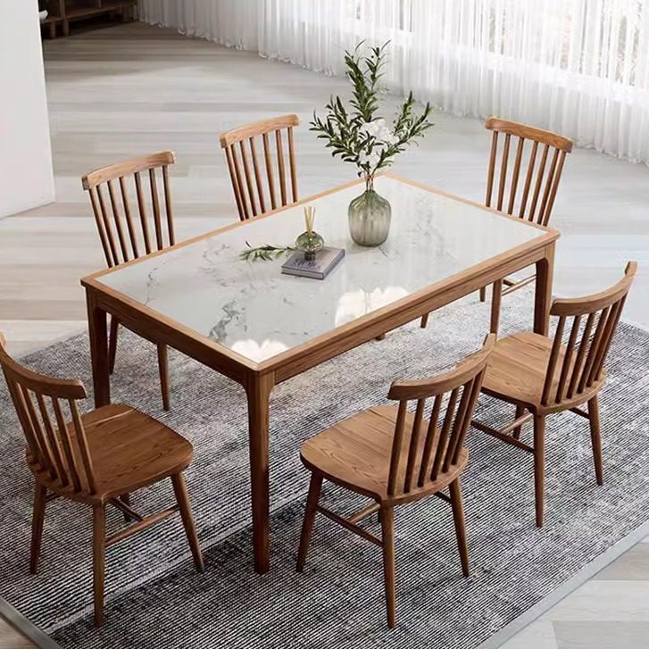 内嵌实木岩板餐桌现代简约小户型长方形饭桌白蜡木北欧日式餐台椅