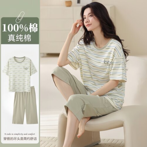 纯棉睡衣女夏季短袖七分裤可外穿