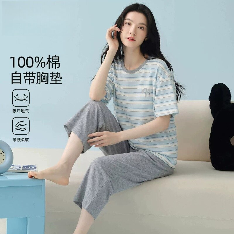 睡衣女款2026新款夏季纯棉凉感透气带胸垫短袖七分裤灰家居服夏天