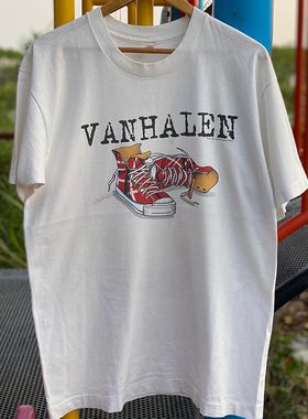 Van Halen范海伦摇滚乐队红色鞋子印花短袖美式vintage复古T恤男