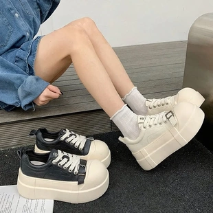 牛皮版板鞋女款新款春季厚底面包鞋黑白系带休闲百搭小众女鞋