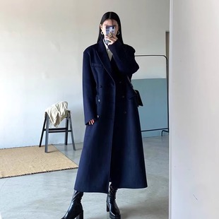 藏蓝色秋冬新款韩版毛呢外套女加厚超长款气质显瘦学生高个子大衣