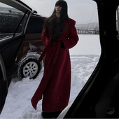 红色加长款 高级感2025宽松加厚到脚踝大衣 韩版 毛呢外套女冬季 新款