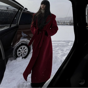 韩版 新款 高级感2025宽松加厚到脚踝大衣 毛呢外套女冬季 红色加长款