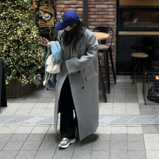 高级感灰色正肩毛呢外套女韩版宽松加厚超长款到脚踝加长高个大衣