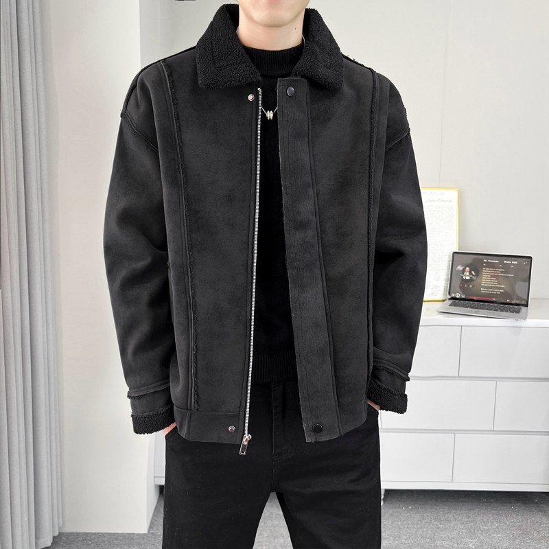 芮璐 厂家直销2025羊羔绒秋冬新款男皮夹克外套机车服