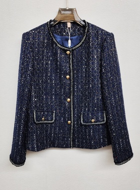 H56021轻奢风亮丝圆领修身外套藏蓝色时尚妈妈2025秋新款百搭上衣