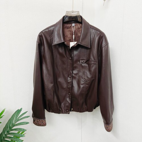 复古翻领咖啡色皮衣女春短款外套