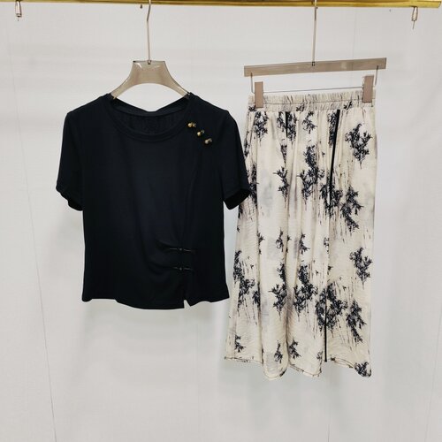 黑色短袖T恤水墨画半身裙夏薄款