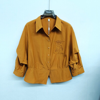 MJ2603法式简约风衬衫时尚百搭显瘦翻领七分袖休闲抽褶短款女衬衣