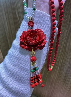 天然正品保真朱砂红砂牡丹花项链新款上新百福珠6毫米手串上新