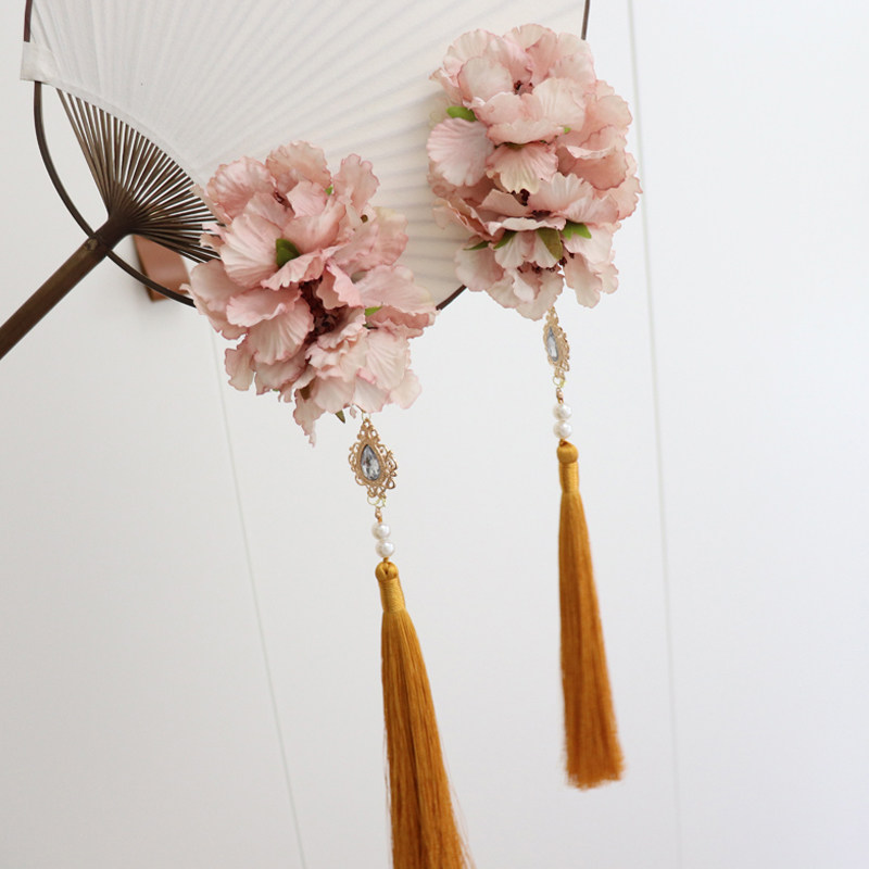 原创珍珠花朵流苏唐风诃子裙后压发饰汉服古装头饰古风绢花发夹