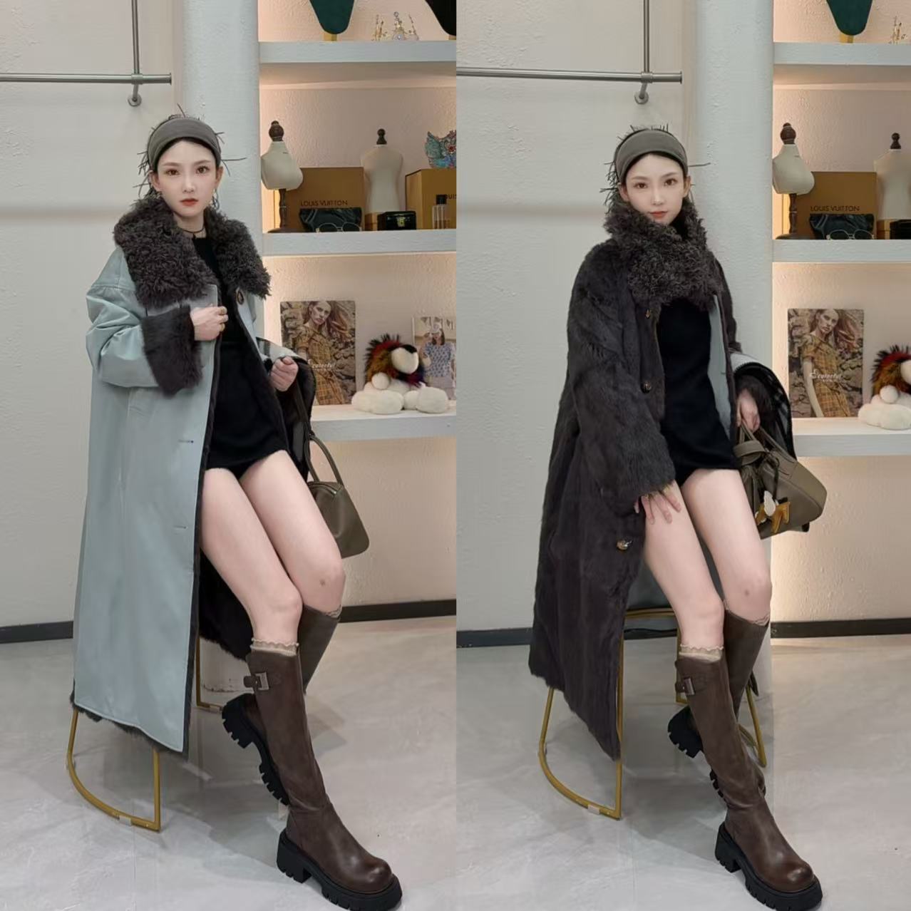 2025新款皮毛一体外套女长款过膝保暖大码宽松兔毛皮草双面穿大衣