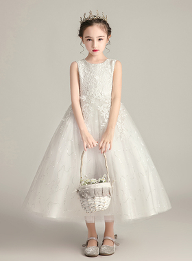 夏季儿童晚礼服长款公主裙女中大童钢琴演出服小主持人婚纱白色裙