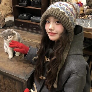 费尔岛风针织毛线帽子女冬季新款复古包包帽保暖护耳堆堆帽潮百搭